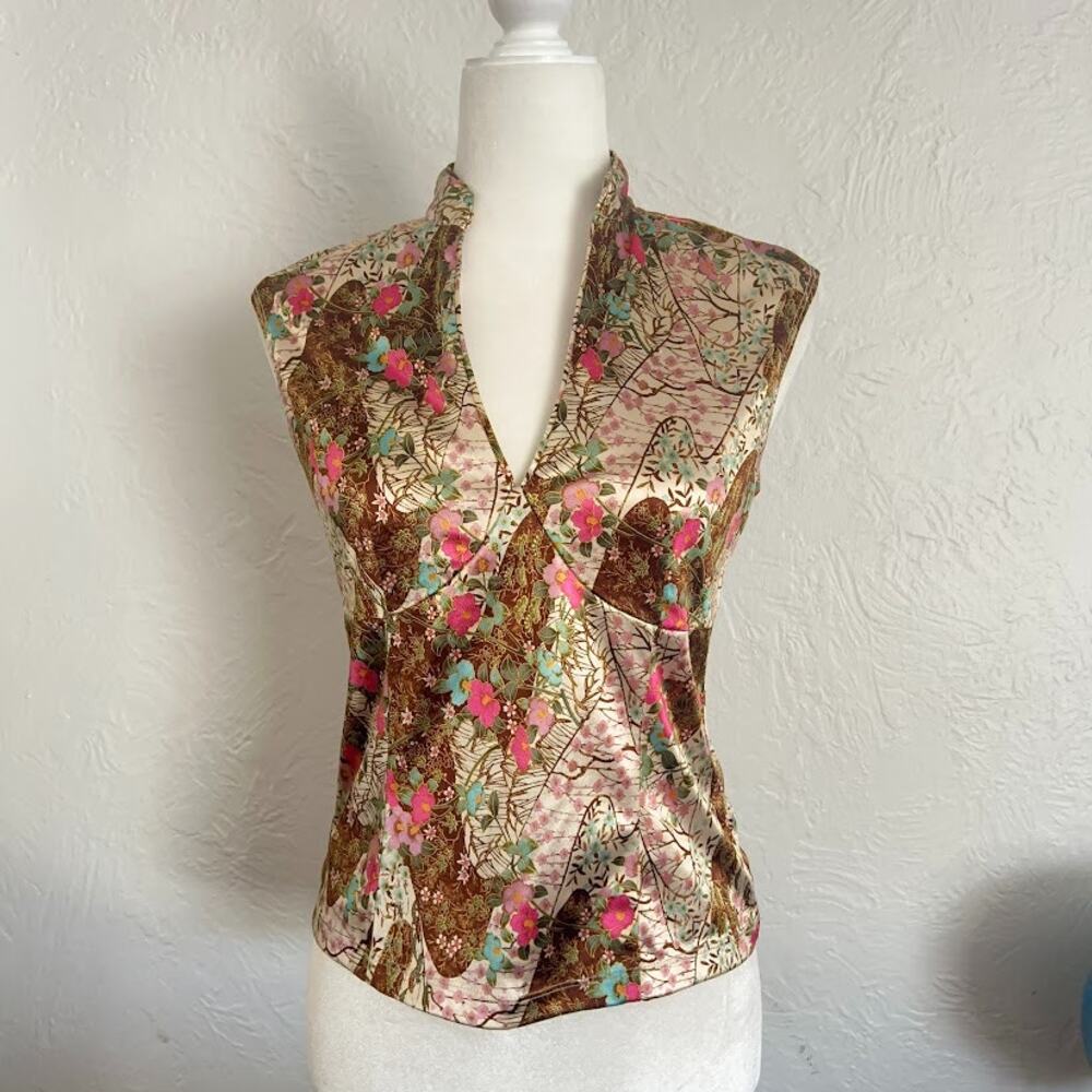 VTG Y2K Satin Floral Kimono Style Top Sleeveless Cherry Blossom Summer